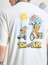 Men's Off White Tom & Jerry Typography Printed Round Neck Oversized Tshirt