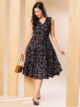 Women's Ethnic Printed Tiered Fit and Flare Midi Dress