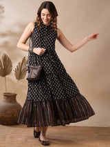 Women's Floral Block Print Mandarin Collar Tiered Fit and Flare Fusion Maxi Dress