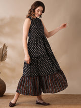 Women's Floral Block Print Mandarin Collar Tiered Fit and Flare Fusion Maxi Dress