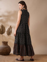 Women's Floral Block Print Mandarin Collar Tiered Fit and Flare Fusion Maxi Dress