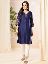 Women's Blue V-Neck Floral Embroidery A-Line Kurta