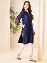 Women's Blue V-Neck Floral Embroidery A-Line Kurta