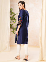 Women's Blue V-Neck Floral Embroidery A-Line Kurta