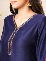 Women's Blue V-Neck Floral Embroidery A-Line Kurta