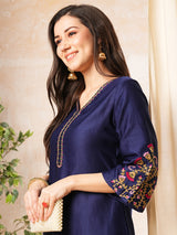 Women's Blue V-Neck Floral Embroidery A-Line Kurta