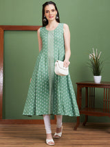Women's Green Ethnic Motifs Printed A Line Kurta