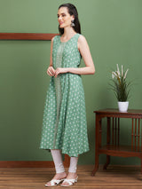 Women's Green Ethnic Motifs Printed A Line Kurta