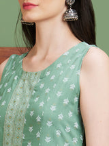 Women's Green Ethnic Motifs Printed A Line Kurta
