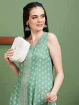 Women's Green Ethnic Motifs Printed A Line Kurta