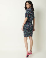 Women's John Navy Floral Print High Neck Short Sleeves Ruching At Sides And Back With Back Zip Closure Mini Dress
