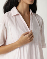 Women's Loaf Pink Shirt Collar Short Sleeves With Pocket Tiered Knee Length Dress