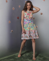 Women's Carys Multicolor Polyester Fabric Sleeveless Key Hole Neck Regular Fit Floral Print Knee Length Tiered Dress