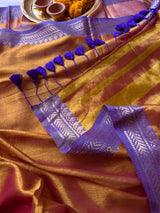 Women's Orange Cotton Zari Saree