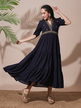 Women's Embroidered V-Neck Puff Sleeves Gathered and Tiered A-Line Midi Festive Dress