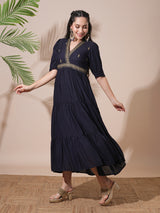 Women's Embroidered V-Neck Puff Sleeves Gathered and Tiered A-Line Midi Festive Dress