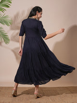Women's Embroidered V-Neck Puff Sleeves Gathered and Tiered A-Line Midi Festive Dress