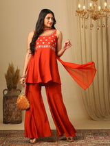 Women's Embroidered Sleeveless Top Trouser and Dupatta Co-Ord Set
