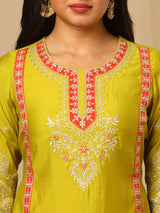 Women's Floral Embroidered Panelled Kurta with Trousers and with Dupatta