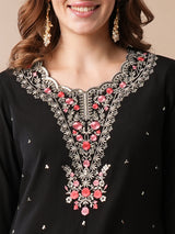 Women's Black Floral Embroidered V-Neck Sequinned Kurta with Trousers and Dupatta