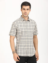 Men's Beige Casual Regular Fit Checkered Half Sleeves Shirt