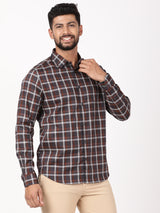 Men's Brown Casual Regular Fit Checkered Full Sleeves Shirt