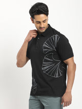 Men's Black Casual Regular Fit Printed Half Sleeves Polo Tshirt