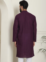 Men's Purple Full Sleeves Embroidered Straight Kurta