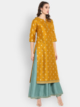 Women's Mustard & Green Silk Blend Foil Printed Anarkali Ethnic Layered Dress