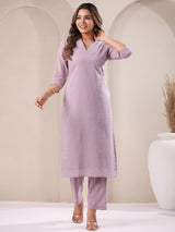 Women's Lavender Dobby Pure Cotton Self Design Straight Kurta Pant Set