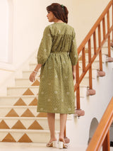 Women's Olive Green Pure Cotton Floral Printed A-line Dress