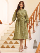 Women's Olive Green Pure Cotton Floral Printed A-line Dress