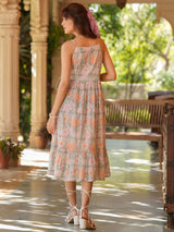 Women's Light Green Pure Cotton Floral Printed Tiered Dress