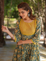 Women's Bottle Green Pure Cotton Floral Printed A-line Kurta Pant Set