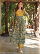 Women's Bottle Green Pure Cotton Floral Printed A-line Kurta Pant Set