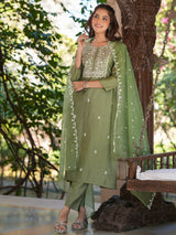 Women's Sage Green Silk Blend Embroidered Straight Kurta Set With Dupatta