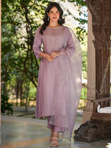 Women's Lavender Silk Blend Embroidered Straight Kurta Set With Dupatta