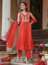 Women's Rust Pure Cotton Embroidered A-line Kurta Set With Dupatta