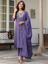 Women's Purple Pure Cotton Embroidered A-line Kurta Set With Dupatta