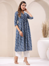 Women's Blue Pure Cotton Floral Printed A-line Kurta