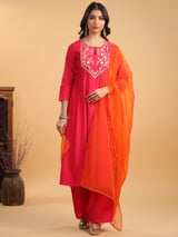 Women's Pink Chanderi Silk Yoke Embroidered Anarkali Kurta Set With Dupatta