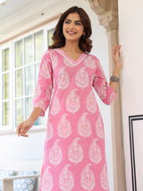 Women's Light Pink Pure Cotton Ethnic Motifs Printed Straight Kurta Pant Set