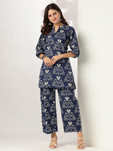 Women's Navy Blue Pure Cotton Ikkat Printed Straight Co-ord Set