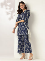 Women's Navy Blue Pure Cotton Ikkat Printed Straight Co-ord Set