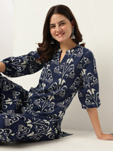 Women's Navy Blue Pure Cotton Ikkat Printed Straight Co-ord Set