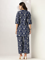 Women's Navy Blue Pure Cotton Ikkat Printed Straight Co-ord Set