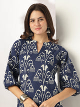 Women's Navy Blue Pure Cotton Ikkat Printed Straight Co-ord Set