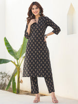 Women's Black Pure Cotton Floral Printed Straight Kurta Pant Set