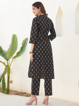 Women's Black Pure Cotton Floral Printed Straight Kurta Pant Set