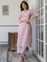 Women's Light Pink Pure Cotton Floral Printed Straight Kurta Pant Set